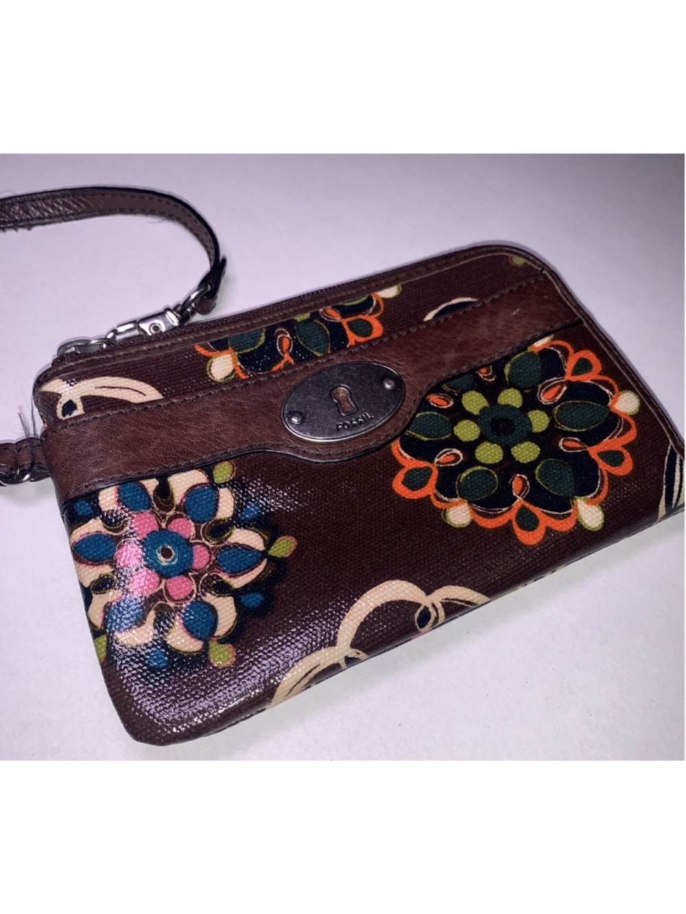 Fossil Key-Per Wristlet Wallet Womens Brown Floral Coated Leather Zip-Around